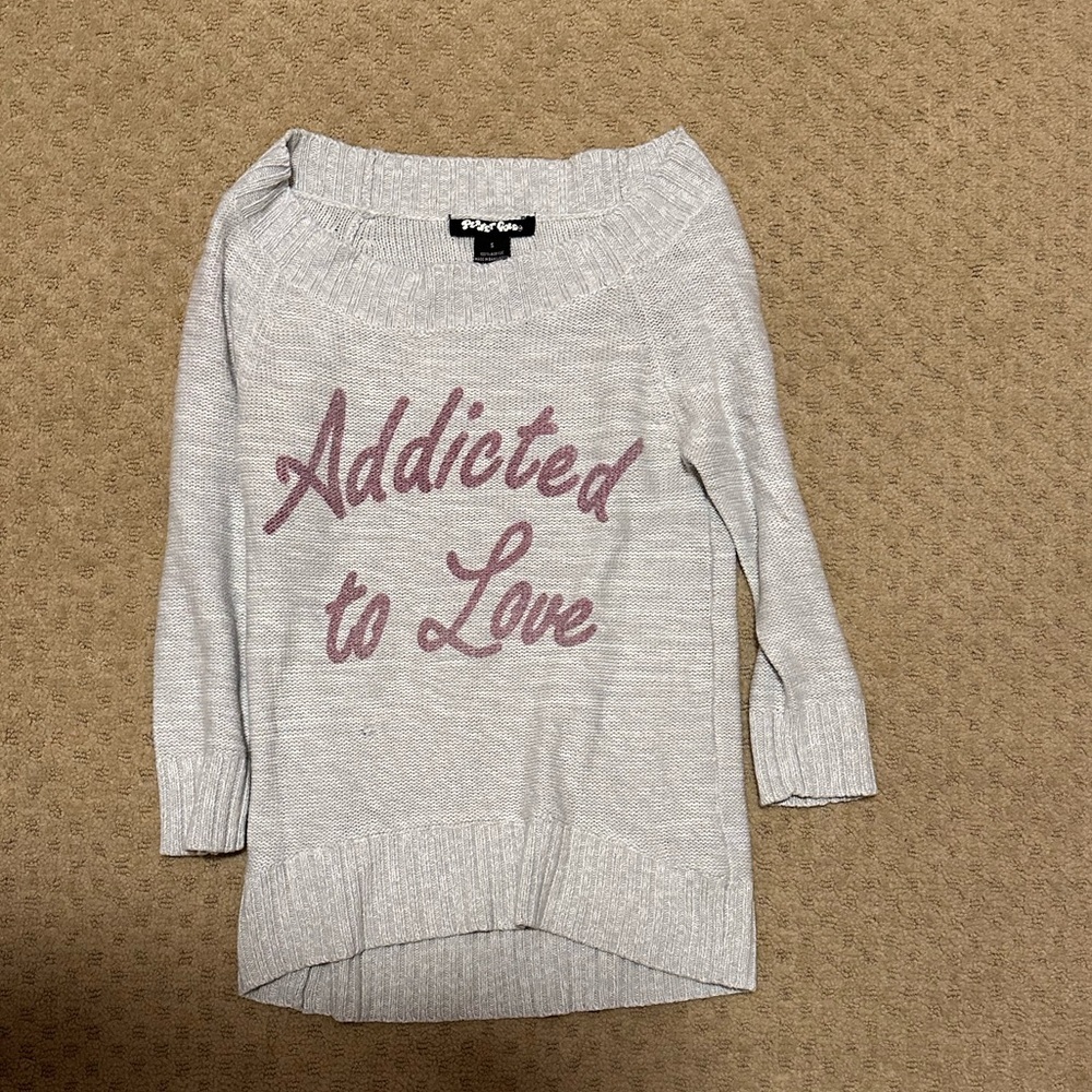 Off-the-Shoulder Sweater in Gray with Pink Script